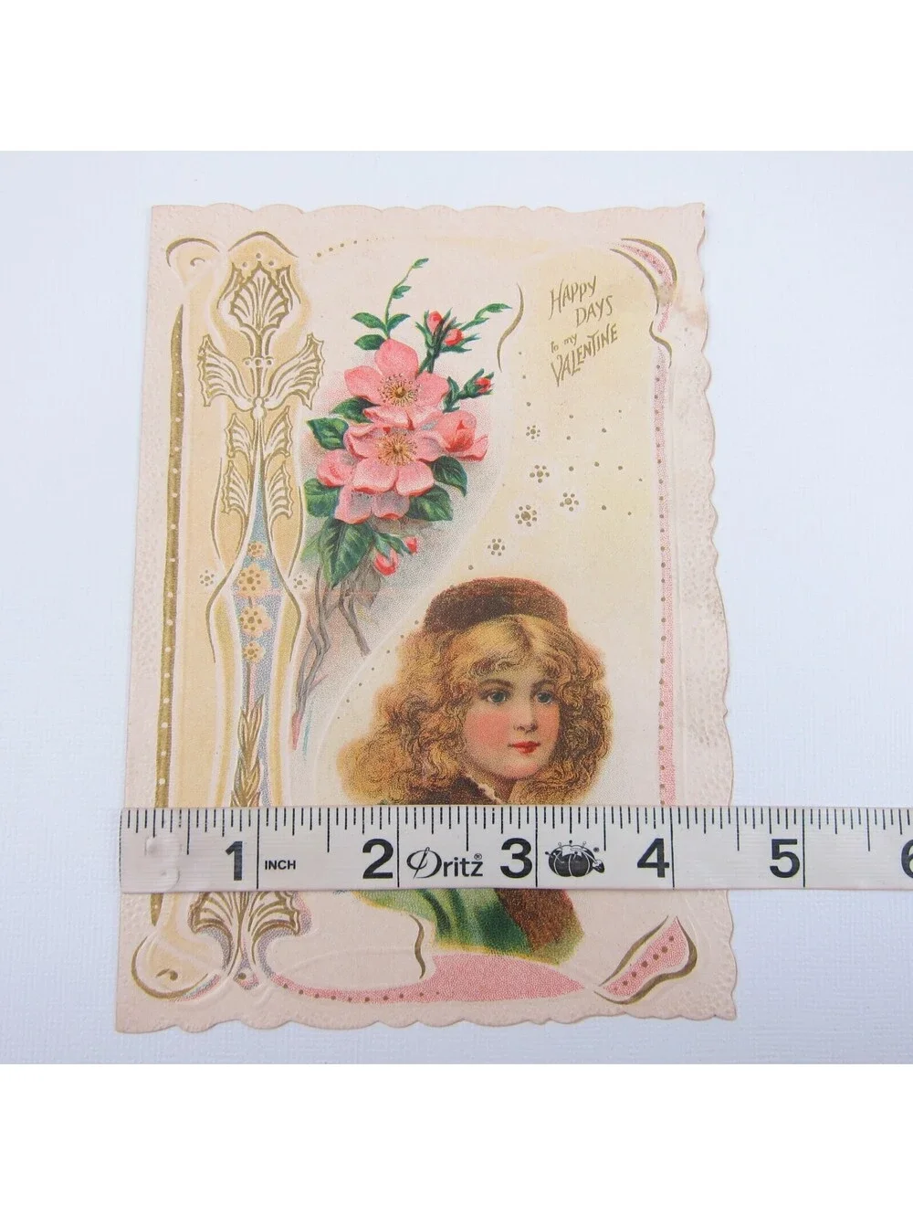 Antique Valentine Blonde Girl Green Coat Pink Flowers Embossed Bifold UNSIGNED